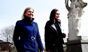 Sweden’s prime minister Magdalena Andersson, left, and Finland’s counterpart, Sanna Marin, met in Stockholm on 13 April. Photograph: Tt News Agency/Reuters