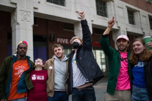 Amazon Labor Union members celebrates after an update during the voting results to unionize an Amazon warehouse on Staten Island, N.Y., on April 1, 2022. | Eduardo Munoz Alvarez/AP Photo