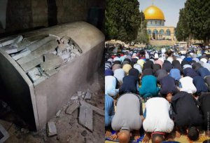On Friday, thousands of Muslims were able to peacefully pray at the Al-Aqsa mosque in Jerusalem (right).

On Saturday night, Palestinian terrorists vandalized Joseph’s tomb, one of Judaism’s holiest sites (left). 