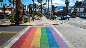 The street pedestrian crossing is painted in rainbow colors as viewed on March 7, 2022 in Palm Springs, California.(George Rose/Getty Images)