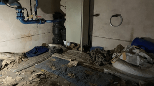 Dirty mattresses are seen on a cement floor of a factory room where Russian troops held Red Cross volunteers Volodymyr Khropun and Yulia Ivannikova-Katsemon together with dozens of other locals in the village of Dymer, Ukraine. (REUTERS/Alessandra Prentice)