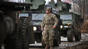 U.S. Soldiers from the 82nd Airborne take part in an exercise outside the operating base at the Arlamow Airport on Tuesday in Wola Korzeniecka, Poland.   (Photo by Jeff J Mitchell/Getty Images)