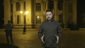 Ukrainian President Volodymyr Zelenskyy speaks from Kyiv, Ukraine, on Thursday night.  (Ukrainian Presidential Press Office via AP)