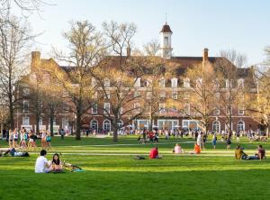 Students mingle on the Quad of the University of Illinois college campus in Urbana-Champaign.

Leigh Trail | Shutterstock.com