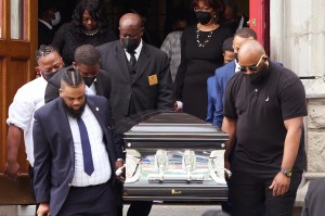 Pallbearers carry out Buffalo supermarket mass shooting victim Deacon Heyward Patterson at Lincoln Memorial United Methodist Church on May 20.
James Keivom