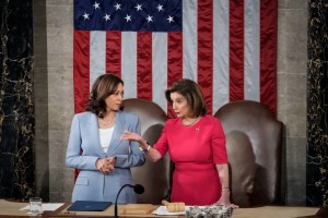 Vice President Kamala Harris (L) and Speaker of the House Nancy Pelosi (D-CA), in the House Chamber of the U.S. Capitol on May 17, 2022 in Washington, DC. (Photo by Drew Angerer/Getty Images)