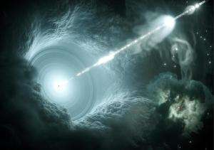 An artist's impression of the neutrino-emitting blazar - a supermassive black hole in the center of a galaxy that sends a narrow, high-energy jet of matter into space. (DESY, Science Communication Lab/TNS)