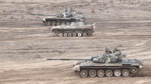 Russian and Belarusian armed forces take part in a military drill in Gomel, Belarus on Feb. 19.