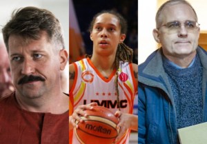 Russian arms dealer Viktor Bout, American basketball player Brittney Griner, and former U.S. Marine Paul Whelan / Getty Images, Wikimedia, and U.S. Embassy in Moscow