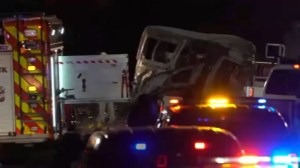 The head-on collision happened around 8:20 p.m. on a two-lane road in Andrews County, Texas, on March 15. (KWES via AP)