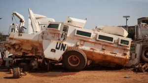 A U.N. armored vehicle that had been hit by an improvised explosive device is parked in the U.N. mission in Mali on Nov. 5, 2021. (Amaury Hauchard/AFP via Getty Images)