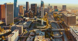 Aerial view of a Downtown Los Angeles at sunset. (Photo: Shutterstock TierneyMJ)