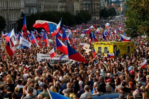 Demonstrators gather to protest against the government in Prague, Sept. 3.Photographer: Petr David Josek/AP