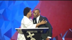 Georgia Democrat Stacey Abrams and New Birth Missionary Baptist Church senior pastor Jamal H. Bryant hugged after he introduced her as an "amazing trailblazer." (Jamal Bryant/Twitter screenshot)