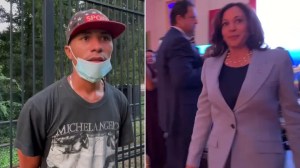 A migrant who arrived outside Vice President Kamala Harris' residence Thursday speaks with Fox News Digital. | Harris ignored a question about the migrant buses later Thursday. (Fox News Digital | White House Pool Video)