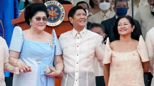 President Ferdinand Marcos Jr. stands with his mother, Imelda Marcos, left, and his wife, Maria Louise Marcos, right, during his inauguration ceremony in Manila, Philippines, on June 30, 2022. (AP Photo/Aaron Favila)