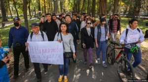 More than 100 demonstrators gathered in Bishkek on October 14 to protest in support of independent media.