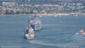 Navy ships approach each other in San Diego Bay. (Screenshot/Twitter)