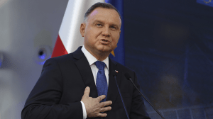 Polish President Andrzej Duda speaks at a news conference in Konstancin-Jeziorna, Poland, on June 2. (AP/Michal Dyjuk)