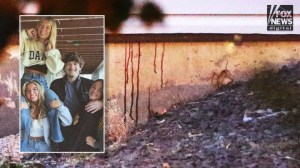 A photo showing blood dripping down the wall of the home where four University of Idaho students (inset) were stabbed to death. (Derek Shook for Fox News Digital/Facebook)
