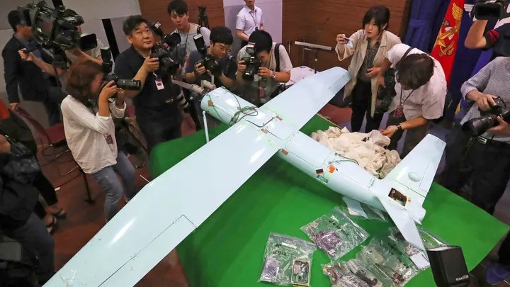 FILE - A suspected North Korean drone is viewed at the Defense Ministry in Seoul, South Korea, on June 21, 2017. South Korea said Monday, Dec. 26, 2022, it fired warning shots after North Korean drones violated the South’s airspace. (Lee Jung-hoon/Yonhap via AP)