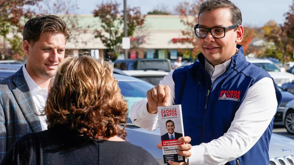 George Santos on the campaign trail.  (AP Photo/Mary Altaffer)