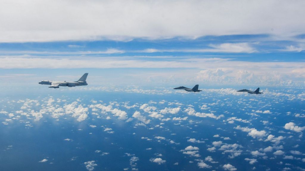 Aircraft of the Eastern Theater Command during a prior drill near Taiwan in August. Pic: Xinhua /AP