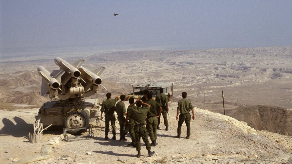 Israeli officials stand next to a Hawk system in Jericho in 1993. Photo: Esaias Baitel/Gamma-Rapho via Getty Images