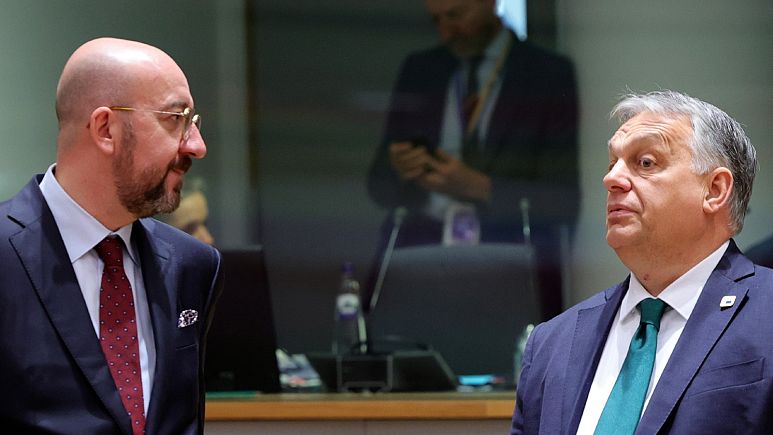 European Council President Charles Michel, left, and Hungary's Prime Minister Viktor Orban at an EU summit in Brussels,