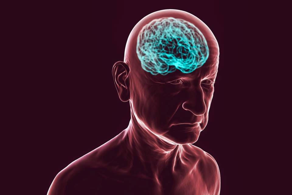 Conceptual illustration showing an elderly person with progressive impairments of brain functions.GETTY