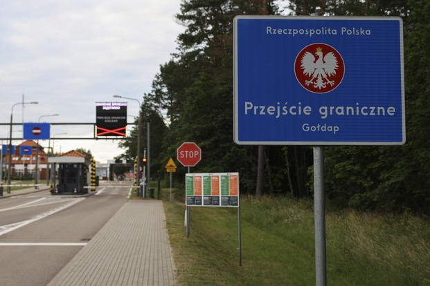 The border crossing between Poland and Russia's Kaliningrad Oblast, Thursday, July 7, 2022. (AP Photo/Michal Dyjuk)