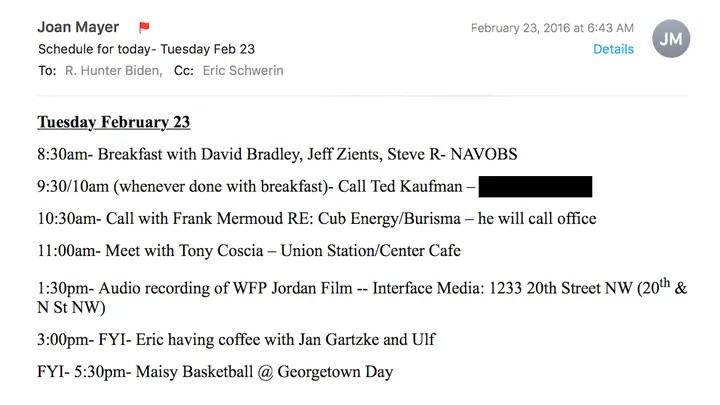 Hunter Biden's Feb. 23, 2016 schedule from Mayer shows a meeting with Jeff Zients, David Bradley and Steve Ricchetti. (Fox News Digital)