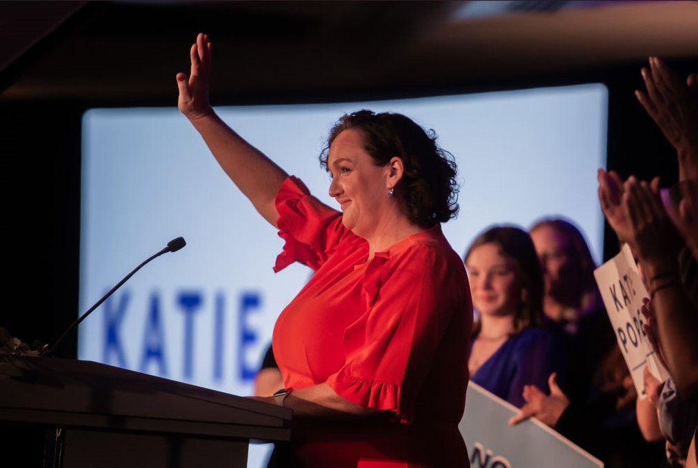 Rep. Katie Porter (D-Calif.) speaks to supporters, volunteers, and staff at an election night watch party at the Hilton Orange County Hotel on November 8, 2022 in Costa Mesa, California. (Photo by Apu Gomes/Getty Images)