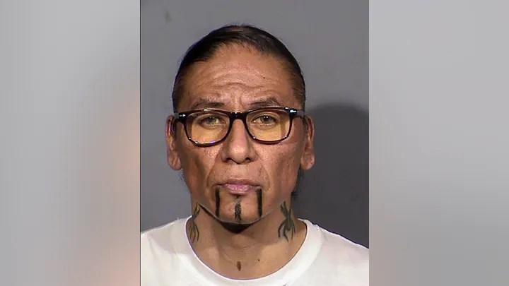 This Tuesday, Jan. 31, 2023, booking photo released by Las Vegas Metropolitan Police Department shows former actor Nathan Chasing Horse, who could face multiple sexual assault and sex trafficking charges, and life in prison. (Las Vegas Metropolitan Police Department via AP)