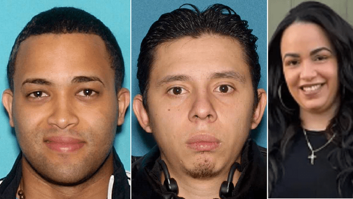 Cesar Santana, left, has been arrested in Miami, Florida, connection to the death of Luz Hernandez, whose body was found in Kearny, New Jersey, on Tuesday. Leiner Miranda Lopez, center, remains on the run. (Hudson County Prosecutor's Office)