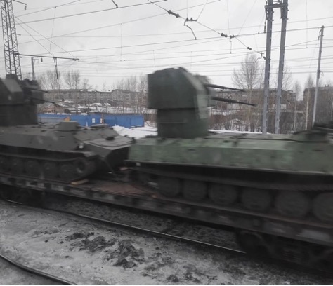 Russian MT-LB fitted with naval turrets being moved by railcar in an undisclosed location. PHOTO: Reddit