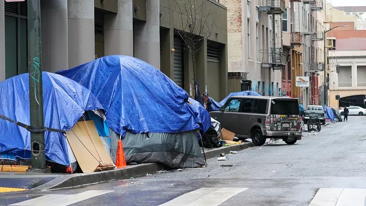 Tent encampments are seen near City Hall in San Francisco on Jan. 13, 2023. (Tayfun Coskun/Anadolu Agency via Getty Images)
